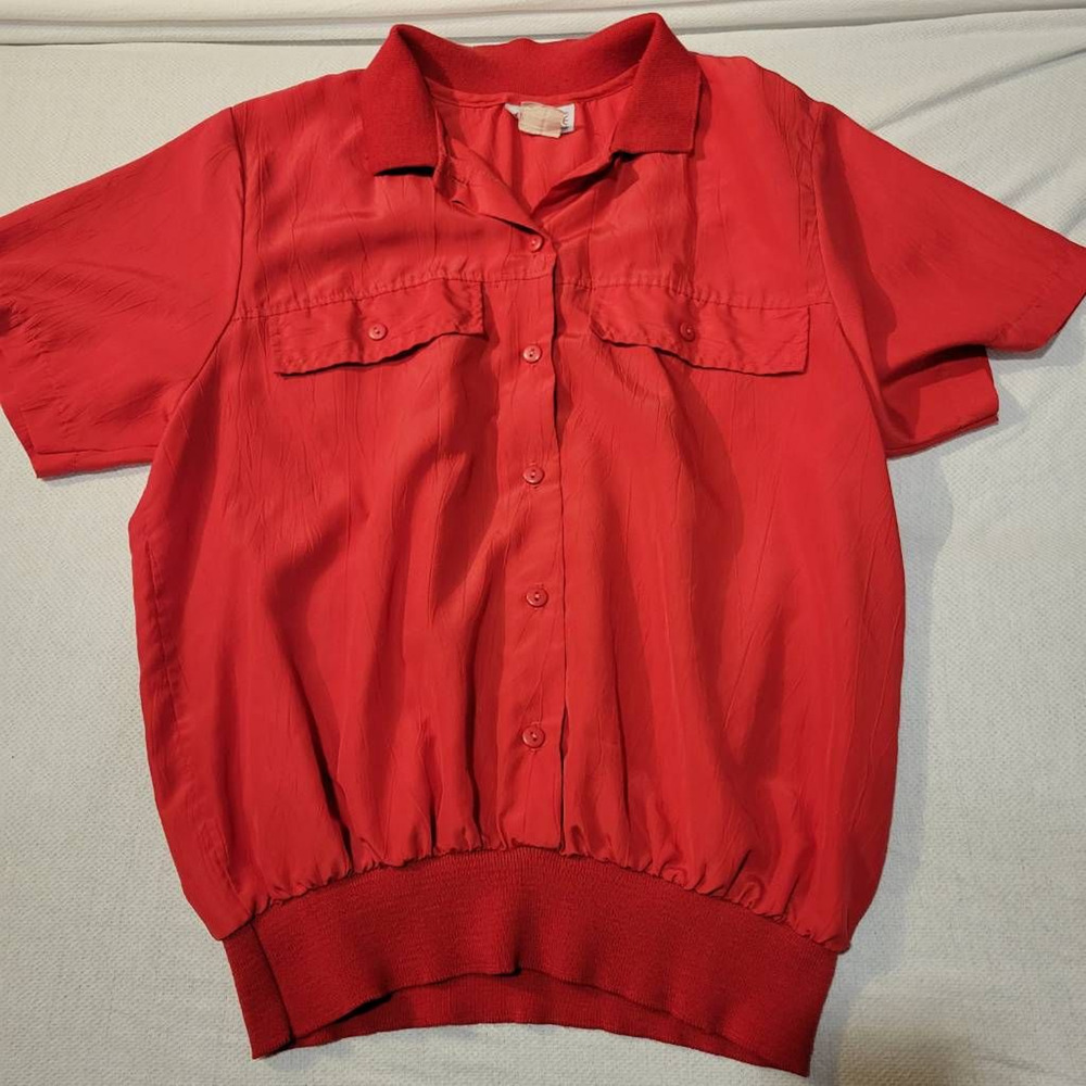 Rhoda Lee Womens Button Front Shirt Red Short Sleeve Collar Flap‎ Pockets USA 12